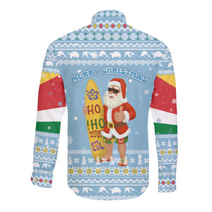 Seychelles Christmas Long Sleeve Button Shirt Ocean Blue Marlin Fish Artwork and Surfing Santa Motif - African Pride