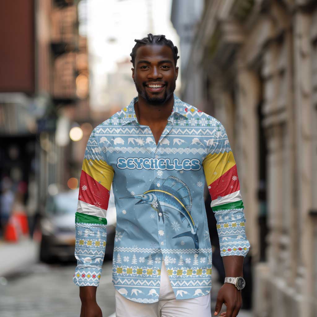 Seychelles Christmas Long Sleeve Button Shirt Ocean Blue Marlin Fish Artwork and Surfing Santa Motif - African Pride