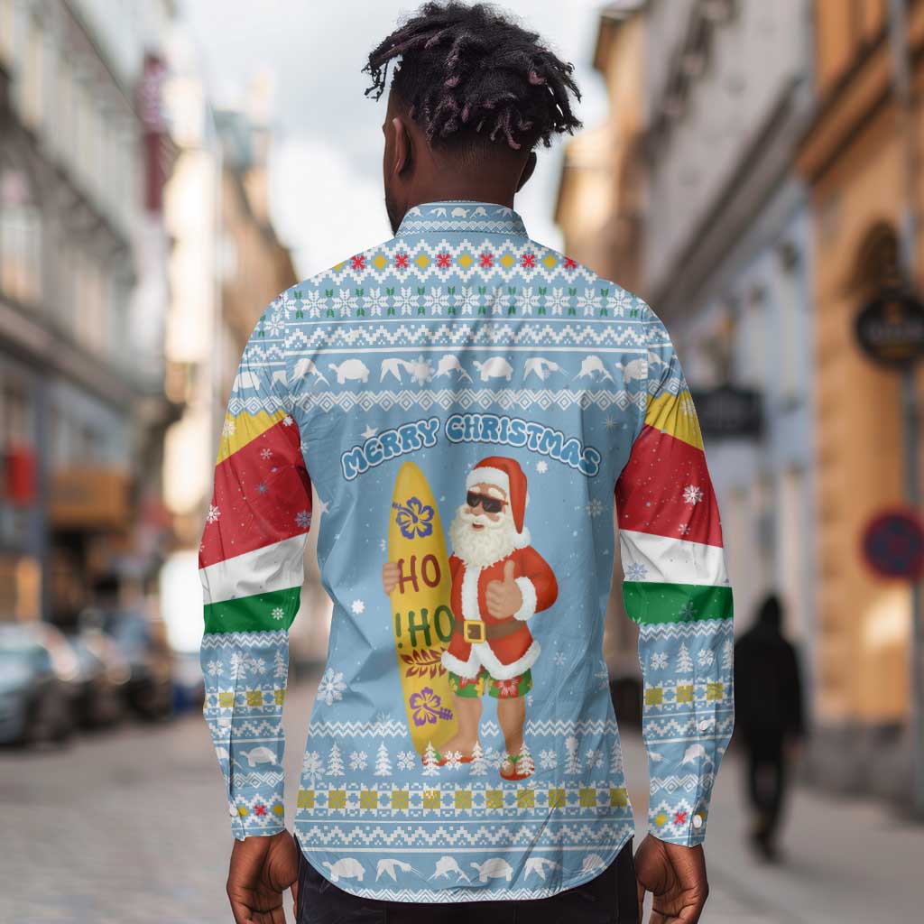 Seychelles Christmas Long Sleeve Button Shirt Ocean Blue Marlin Fish Artwork and Surfing Santa Motif - African Pride
