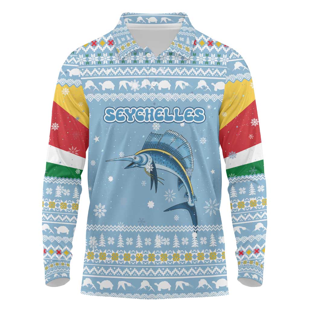 Seychelles Christmas Long Sleeve Polo Shirt Ocean Blue Marlin Fish Artwork and Surfing Santa Motif - African Pride