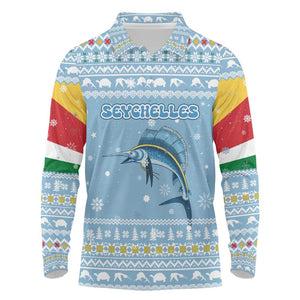 Seychelles Christmas Long Sleeve Polo Shirt Ocean Blue Marlin Fish Artwork and Surfing Santa Motif - African Pride