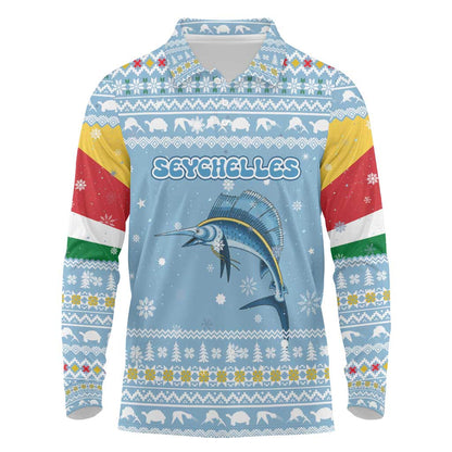 Seychelles Christmas Long Sleeve Polo Shirt Ocean Blue Marlin Fish Artwork and Surfing Santa Motif - African Pride