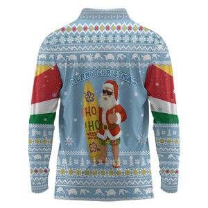 Seychelles Christmas Long Sleeve Polo Shirt Ocean Blue Marlin Fish Artwork and Surfing Santa Motif - African Pride