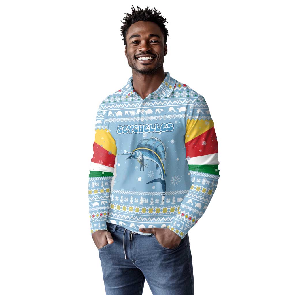 Seychelles Christmas Long Sleeve Polo Shirt Ocean Blue Marlin Fish Artwork and Surfing Santa Motif - African Pride