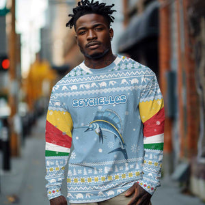 Seychelles Christmas Long Sleeve Shirt Ocean Blue Marlin Fish Artwork and Surfing Santa Motif - African Pride