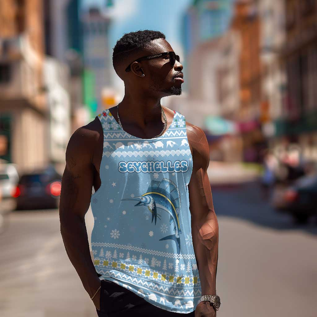 Seychelles Christmas Men Tank Top Ocean Blue Marlin Fish Artwork and Surfing Santa Motif - African Pride