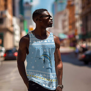 Seychelles Christmas Men Tank Top Ocean Blue Marlin Fish Artwork and Surfing Santa Motif - African Pride