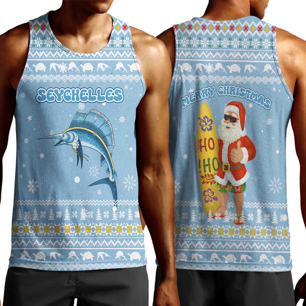Seychelles Christmas Men Tank Top Ocean Blue Marlin Fish Artwork and Surfing Santa Motif - African Pride
