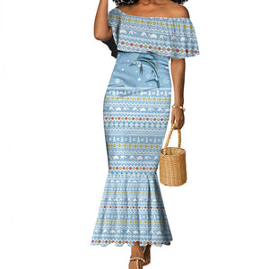 Seychelles Christmas Mermaid Dress Ocean Blue Marlin Fish Artwork and Surfing Santa Motif - African Pride