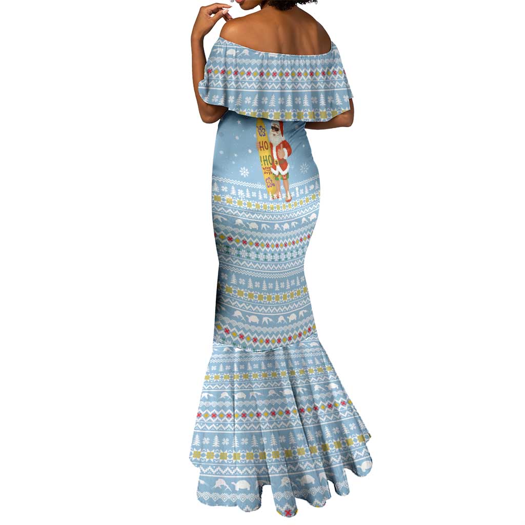 Seychelles Christmas Mermaid Dress Ocean Blue Marlin Fish Artwork and Surfing Santa Motif - African Pride