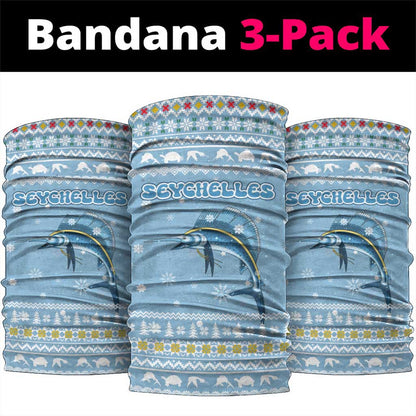 Seychelles Christmas Neck Gaiter Ocean Blue Marlin Fish Artwork and Surfing Santa Motif - African Pride