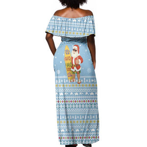 Seychelles Christmas Off Shoulder Maxi Dress Ocean Blue Marlin Fish Artwork and Surfing Santa Motif - African Pride