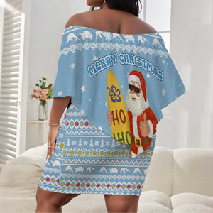Seychelles Christmas Off Shoulder Short Dress Ocean Blue Marlin Fish Artwork and Surfing Santa Motif - African Pride