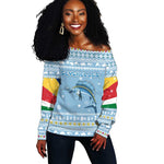 Seychelles Christmas Off Shoulder Sweater Ocean Blue Marlin Fish Artwork and Surfing Santa Motif - African Pride