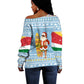 Seychelles Christmas Off Shoulder Sweater Ocean Blue Marlin Fish Artwork and Surfing Santa Motif - African Pride