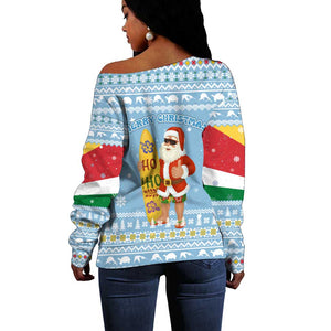 Seychelles Christmas Off Shoulder Sweater Ocean Blue Marlin Fish Artwork and Surfing Santa Motif - African Pride