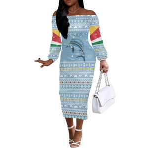 Seychelles Christmas Off The Shoulder Long Sleeve Dress Ocean Blue Marlin Fish Artwork and Surfing Santa Motif - African Pride
