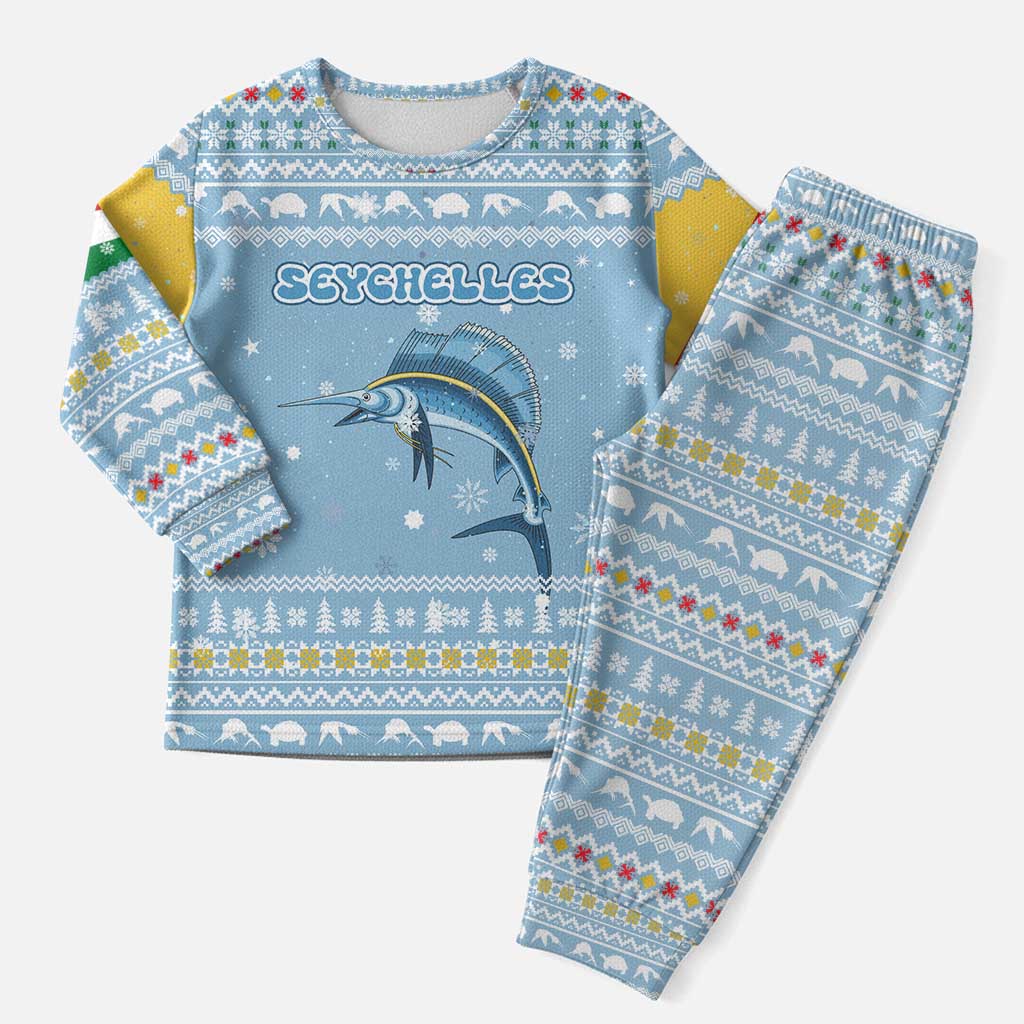 Seychelles Christmas Pajama Set Ocean Blue Marlin Fish Artwork and Surfing Santa Motif - African Pride