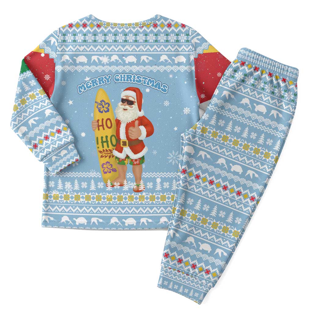 Seychelles Christmas Pajama Set Ocean Blue Marlin Fish Artwork and Surfing Santa Motif - African Pride