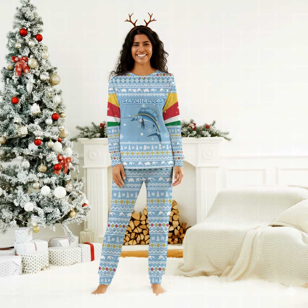 Seychelles Christmas Pajama Set Ocean Blue Marlin Fish Artwork and Surfing Santa Motif - African Pride