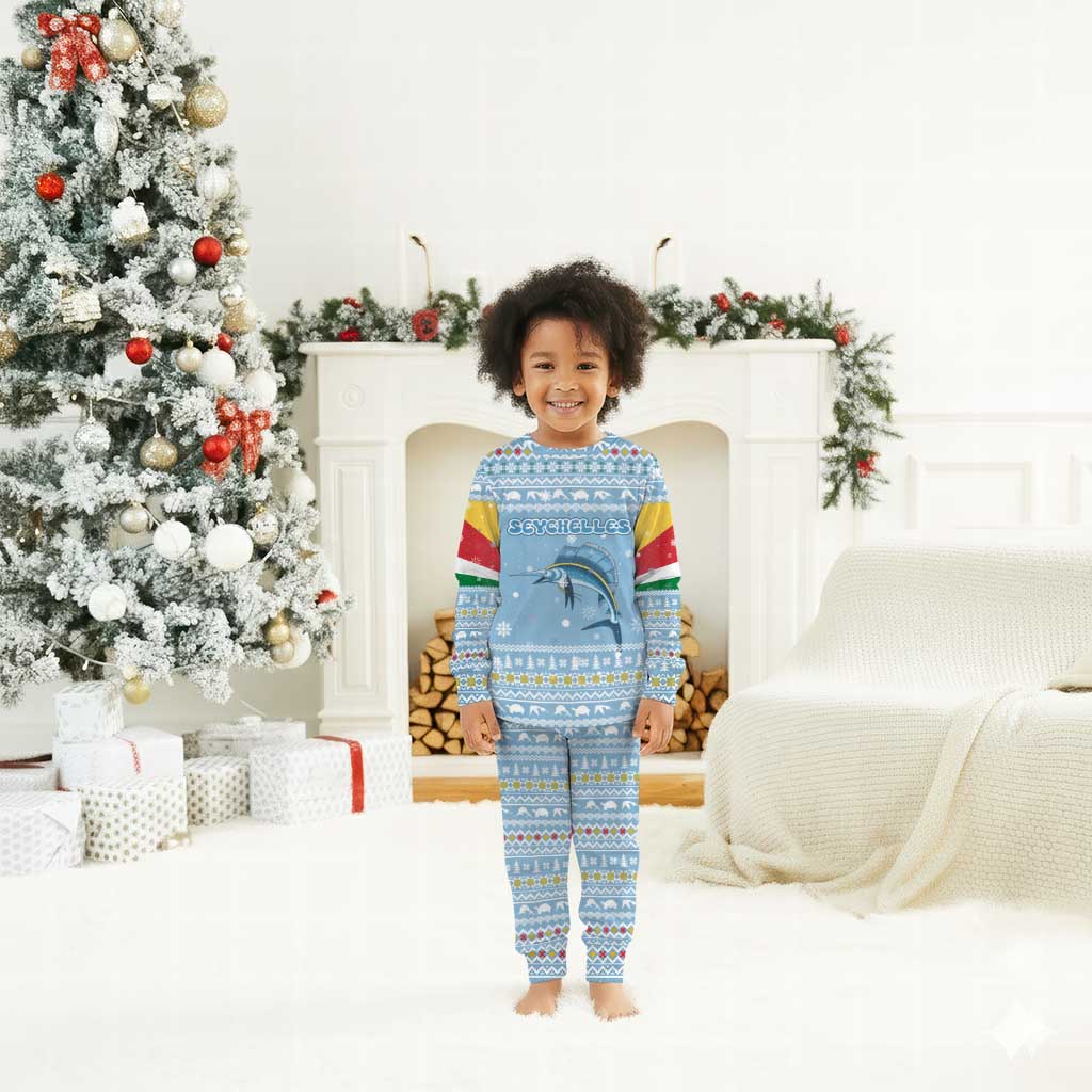 Seychelles Christmas Pajama Set Ocean Blue Marlin Fish Artwork and Surfing Santa Motif - African Pride