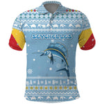 Seychelles Christmas Polo Shirt Ocean Blue Marlin Fish Artwork and Surfing Santa Motif - African Pride