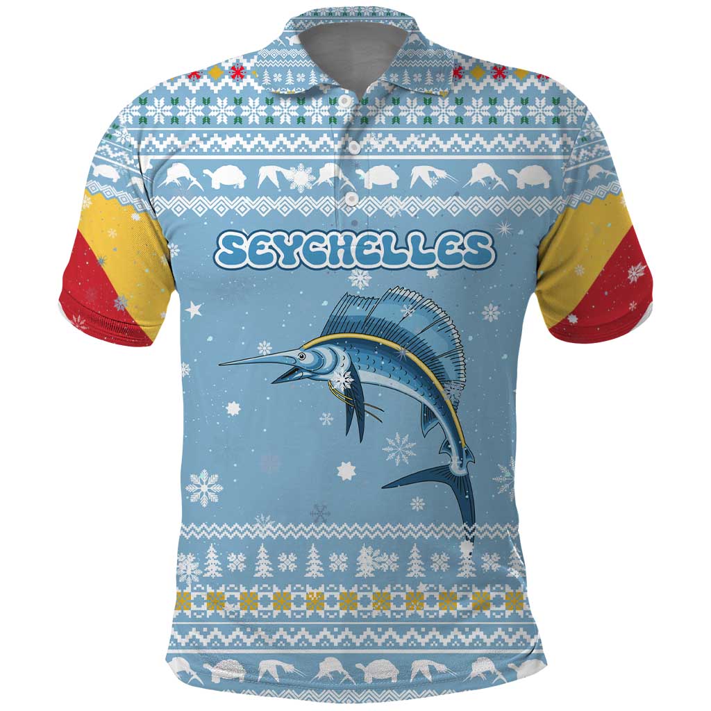 Seychelles Christmas Polo Shirt Ocean Blue Marlin Fish Artwork and Surfing Santa Motif - African Pride