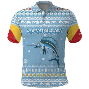 Seychelles Christmas Polo Shirt Ocean Blue Marlin Fish Artwork and Surfing Santa Motif - African Pride