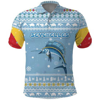 Seychelles Christmas Polo Shirt Ocean Blue Marlin Fish Artwork and Surfing Santa Motif - African Pride