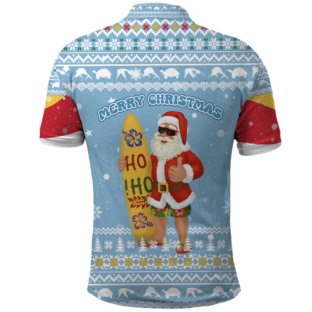 Seychelles Christmas Polo Shirt Ocean Blue Marlin Fish Artwork and Surfing Santa Motif - African Pride