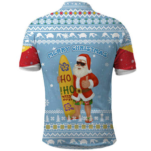 Seychelles Christmas Polo Shirt Ocean Blue Marlin Fish Artwork and Surfing Santa Motif - African Pride