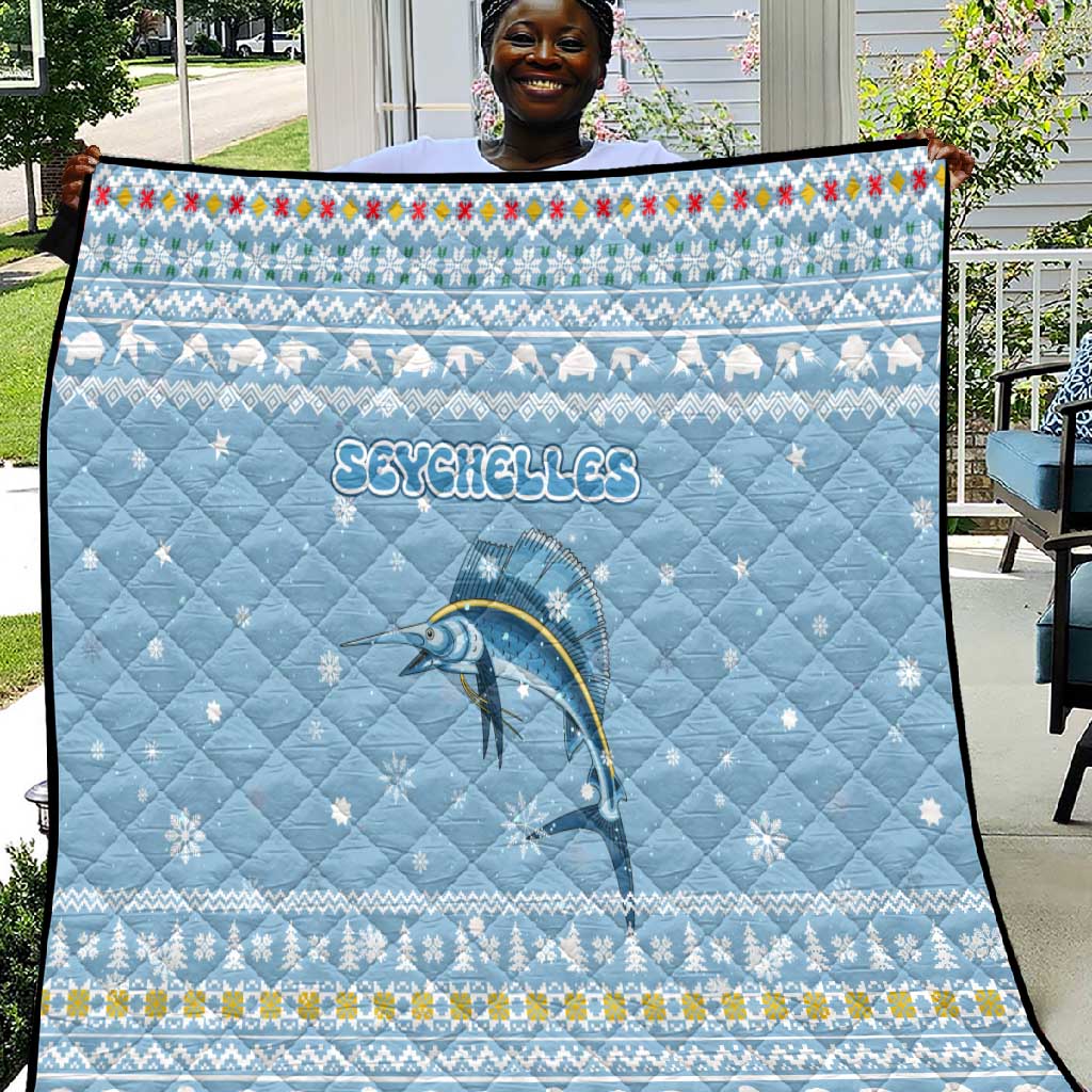 Seychelles Christmas Quilt Ocean Blue Marlin Fish Artwork and Surfing Santa Motif - African Pride