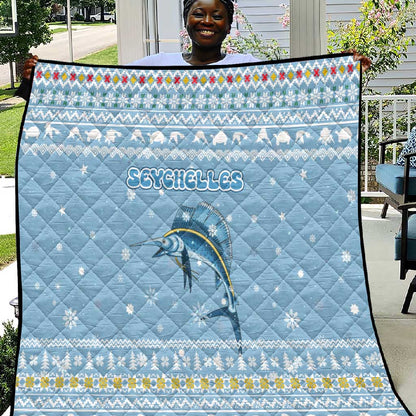 Seychelles Christmas Quilt Ocean Blue Marlin Fish Artwork and Surfing Santa Motif - African Pride