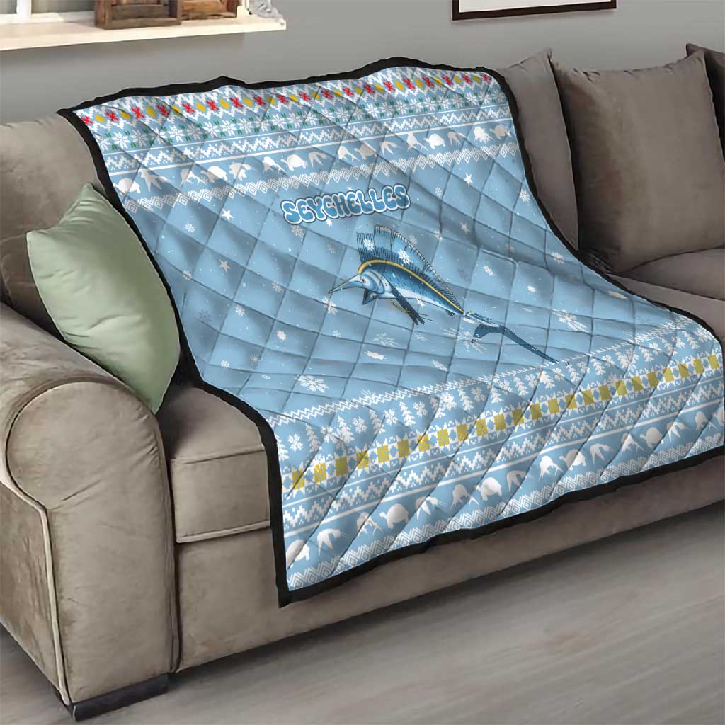 Seychelles Christmas Quilt Ocean Blue Marlin Fish Artwork and Surfing Santa Motif - African Pride