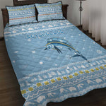 Seychelles Christmas Quilt Bed Set Ocean Blue Marlin Fish Artwork and Surfing Santa Motif - African Pride