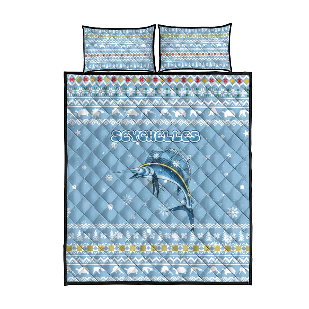 Seychelles Christmas Quilt Bed Set Ocean Blue Marlin Fish Artwork and Surfing Santa Motif - African Pride
