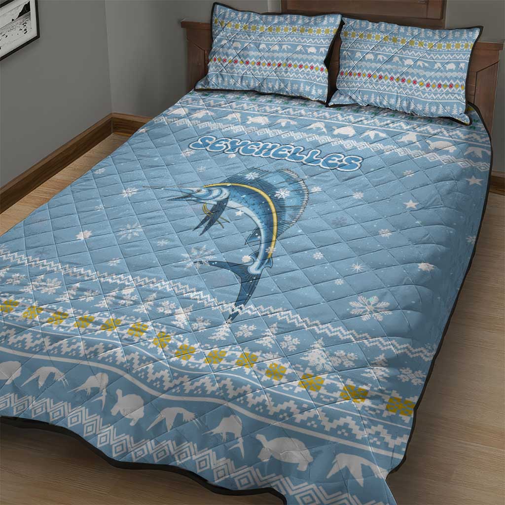 Seychelles Christmas Quilt Bed Set Ocean Blue Marlin Fish Artwork and Surfing Santa Motif - African Pride