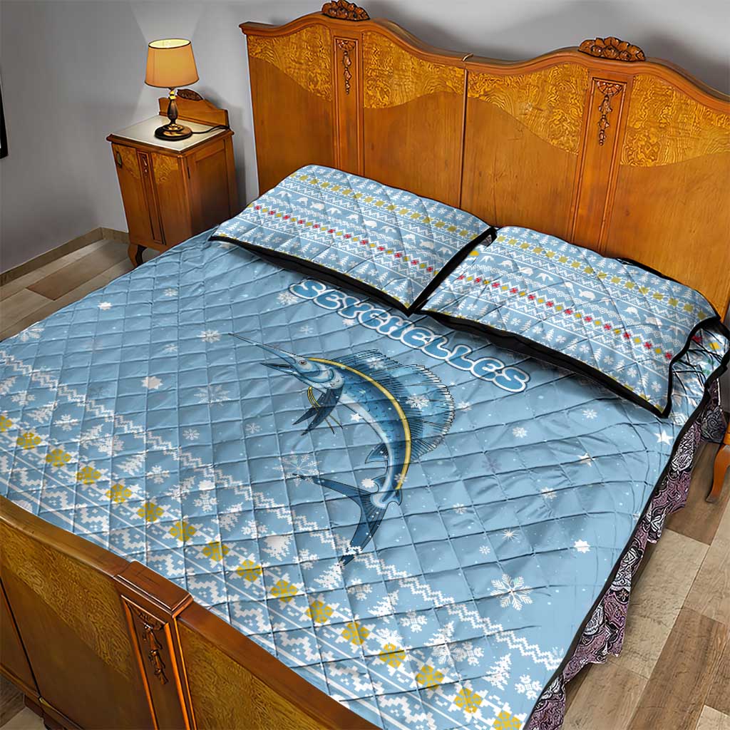 Seychelles Christmas Quilt Bed Set Ocean Blue Marlin Fish Artwork and Surfing Santa Motif - African Pride