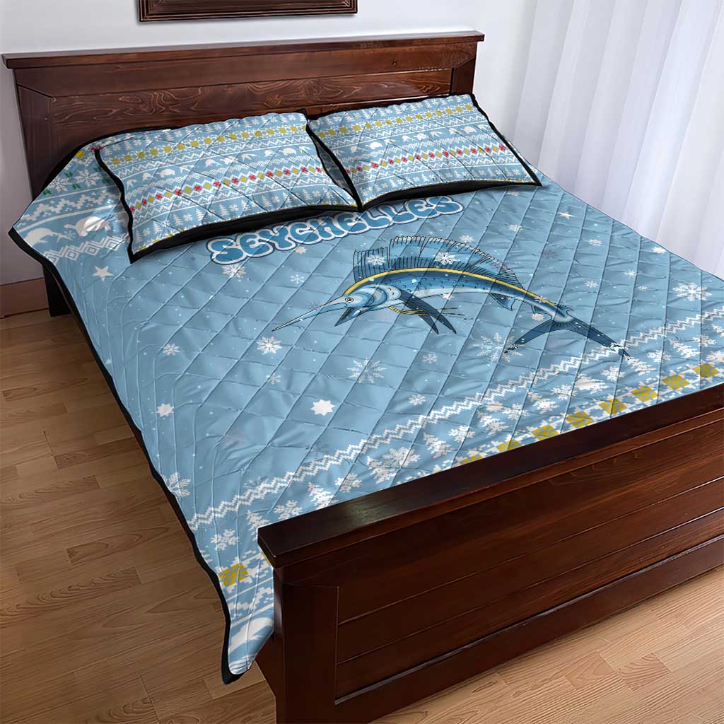Seychelles Christmas Quilt Bed Set Ocean Blue Marlin Fish Artwork and Surfing Santa Motif - African Pride