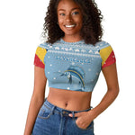 Seychelles Christmas Raglan Cropped T shirt Ocean Blue Marlin Fish Artwork and Surfing Santa Motif - African Pride