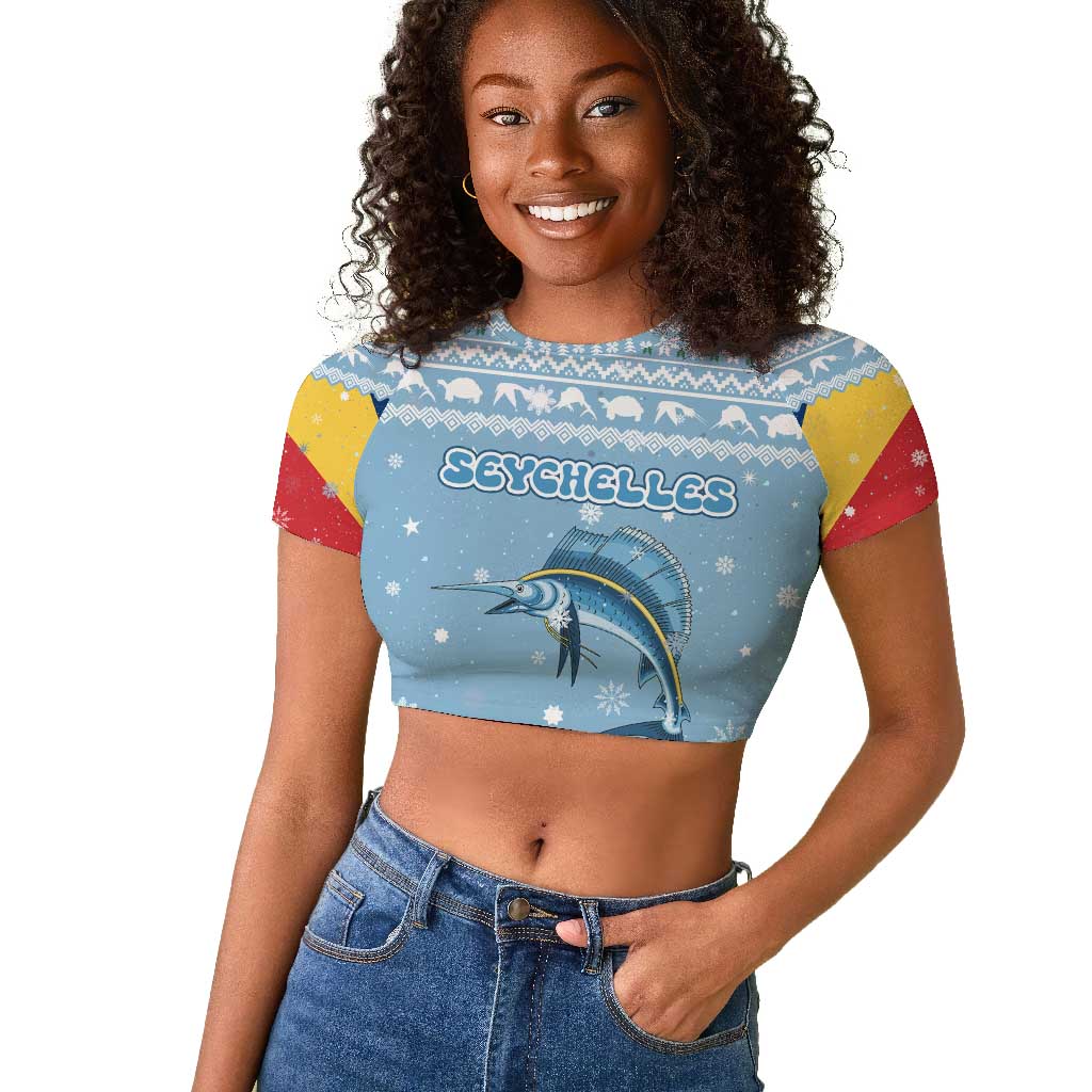 Seychelles Christmas Raglan Cropped T shirt Ocean Blue Marlin Fish Artwork and Surfing Santa Motif - African Pride