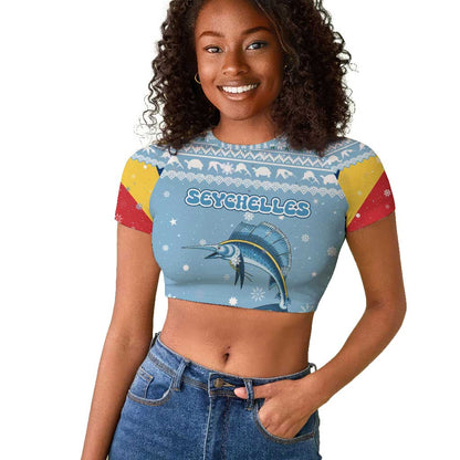 Seychelles Christmas Raglan Cropped T shirt Ocean Blue Marlin Fish Artwork and Surfing Santa Motif - African Pride