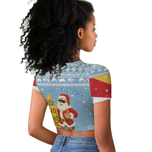Seychelles Christmas Raglan Cropped T shirt Ocean Blue Marlin Fish Artwork and Surfing Santa Motif - African Pride