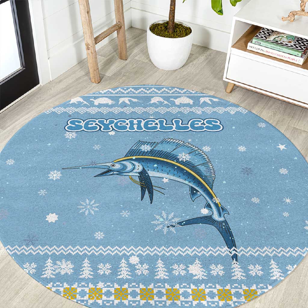 Seychelles Christmas Round Carpet Ocean Blue Marlin Fish Artwork and Surfing Santa Motif - African Pride