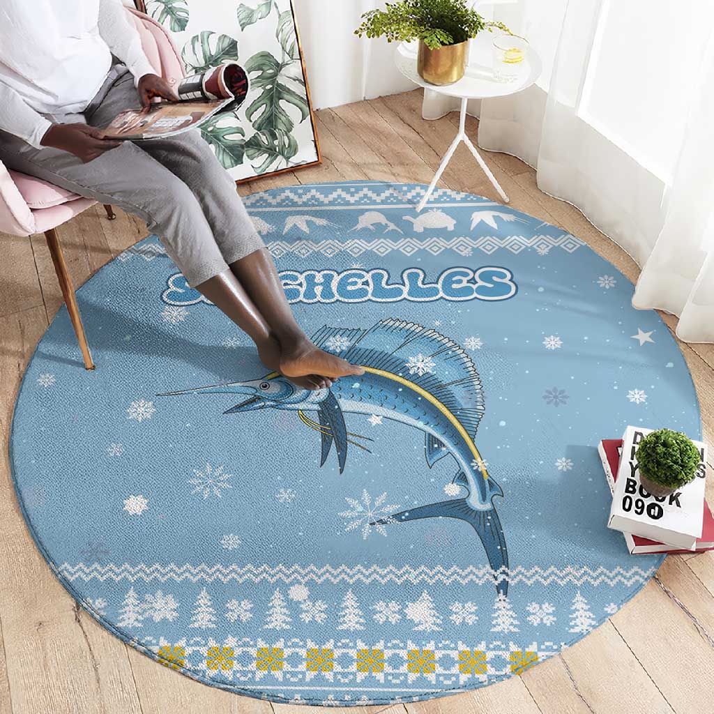 Seychelles Christmas Round Carpet Ocean Blue Marlin Fish Artwork and Surfing Santa Motif - African Pride