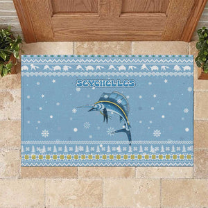 Seychelles Christmas Rubber Doormat Ocean Blue Marlin Fish Artwork and Surfing Santa Motif - African Pride