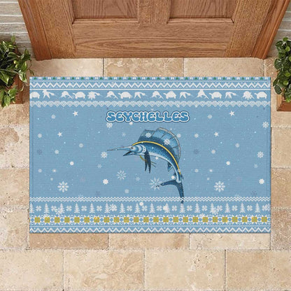 Seychelles Christmas Rubber Doormat Ocean Blue Marlin Fish Artwork and Surfing Santa Motif - African Pride