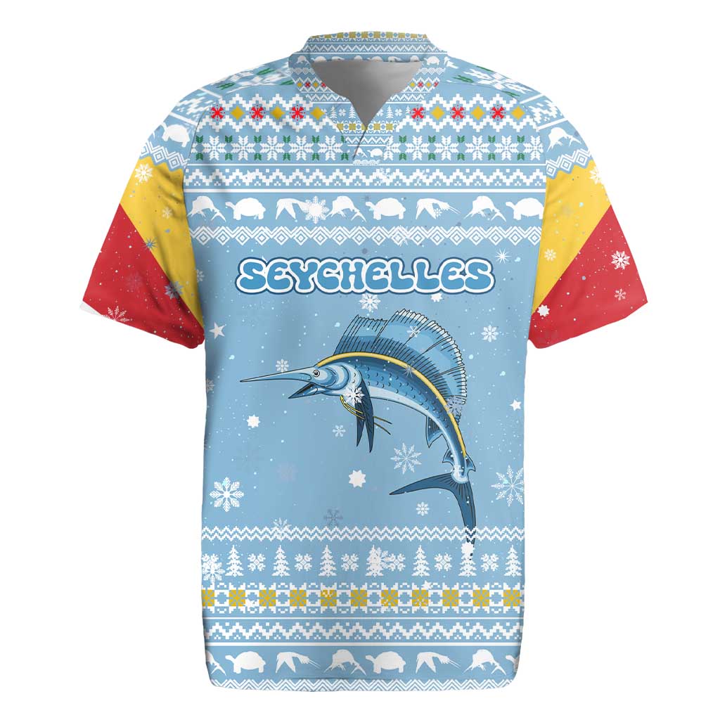 Seychelles Christmas Rugby Jersey Ocean Blue Marlin Fish Artwork and Surfing Santa Motif - African Pride