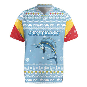 Seychelles Christmas Rugby Jersey Ocean Blue Marlin Fish Artwork and Surfing Santa Motif - African Pride