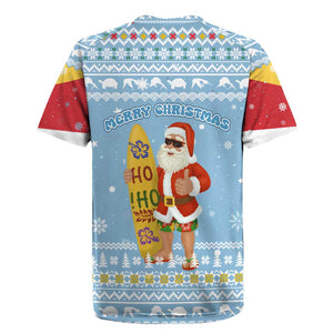 Seychelles Christmas Rugby Jersey Ocean Blue Marlin Fish Artwork and Surfing Santa Motif - African Pride